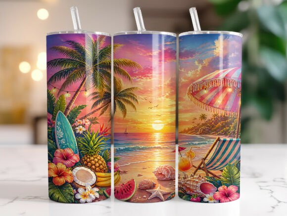 Tropical Beach Sunset Palm Tree Tumbler