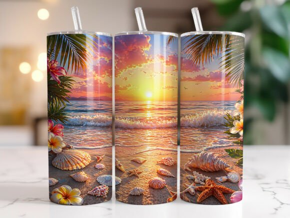 Tropical Beach Sunset Seashells Tumbler Wrap Design Review